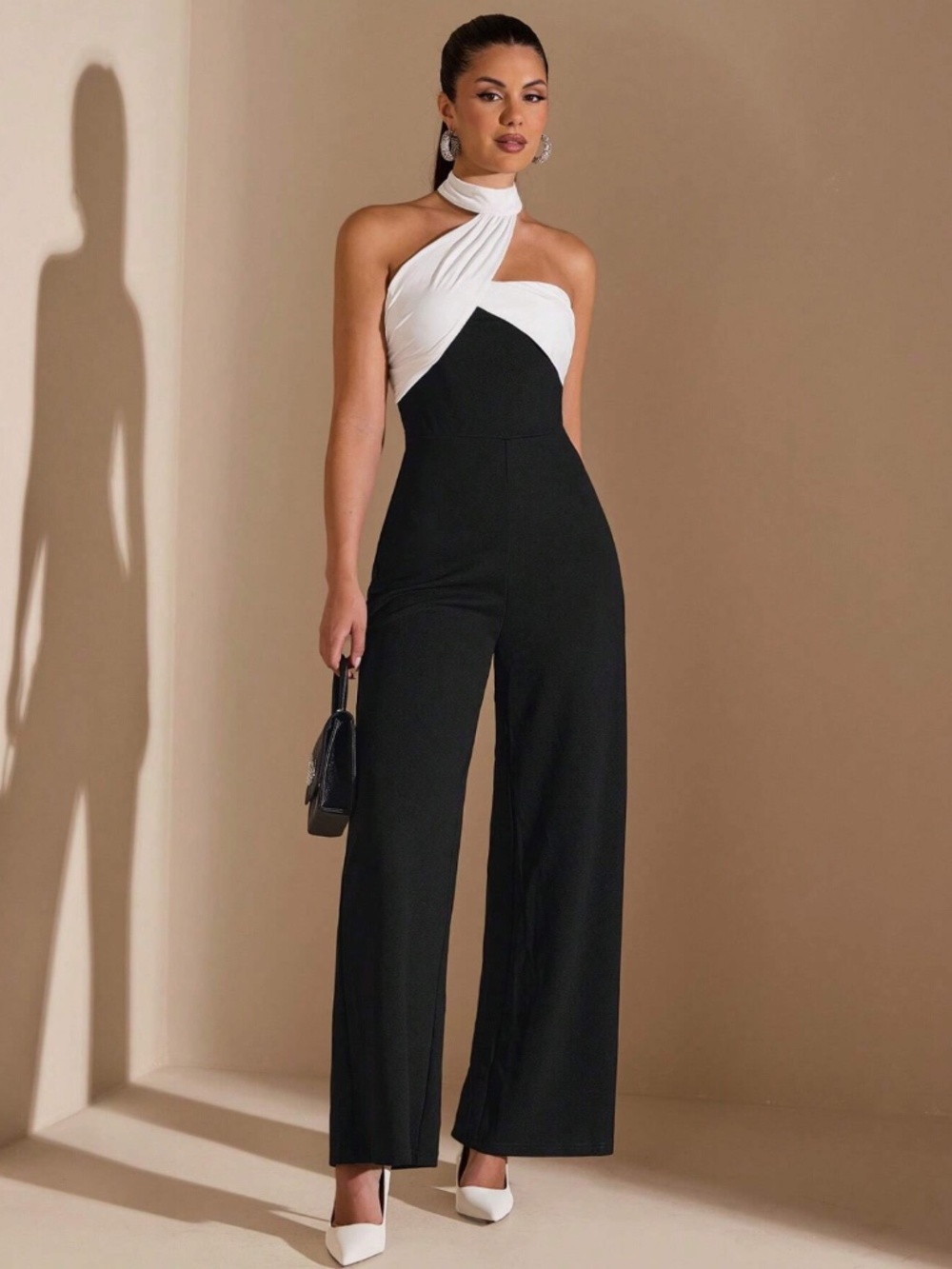 Asymmetrical White Halter Black Elegant Jumpsuit Zipper Closure - Picture 3 of 8